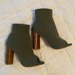 Olive fabric open toe booties